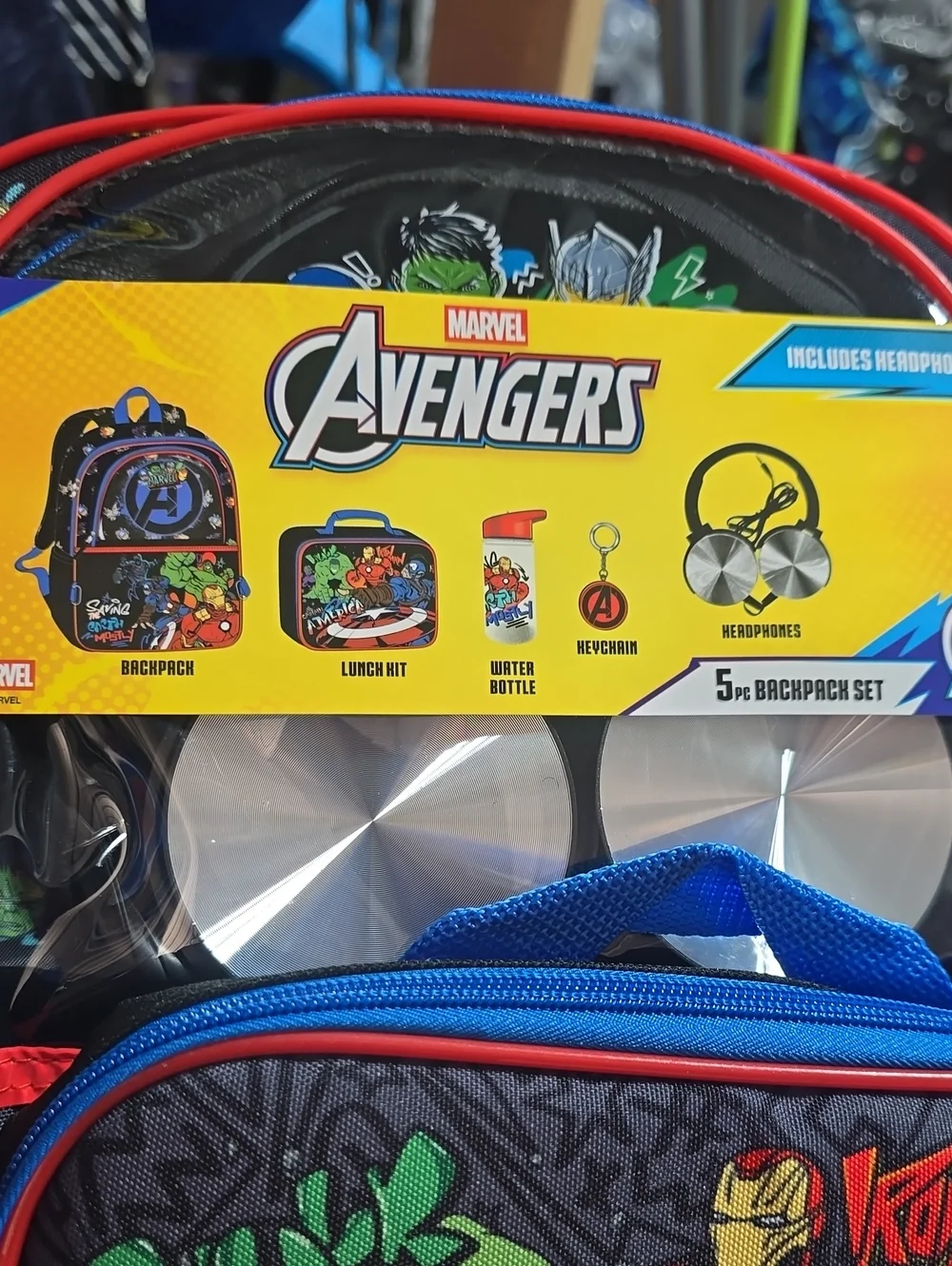 Marvel Black Backpack Set with Lunch kit, Headphones and Water Bottle